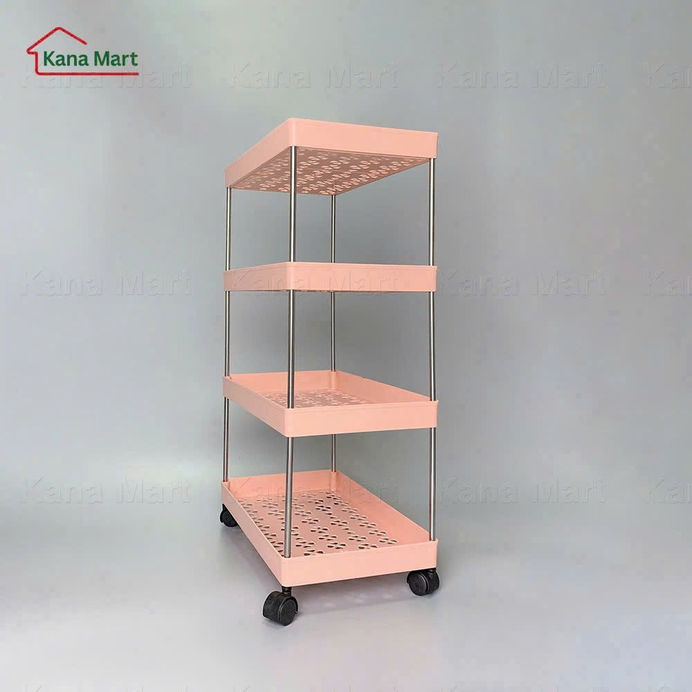 Kệ nhựa để đồ 4 tầng đa năng có bánh xe (Màu Hồng)