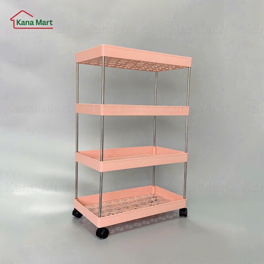 Kệ nhựa để đồ 4 tầng đa năng có bánh xe (Màu Hồng)