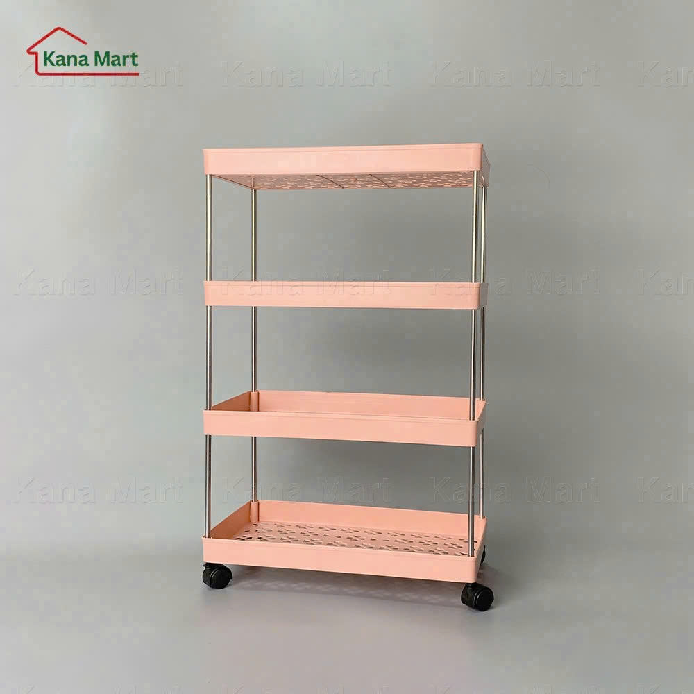 Kệ nhựa để đồ 4 tầng đa năng có bánh xe (Màu Hồng)