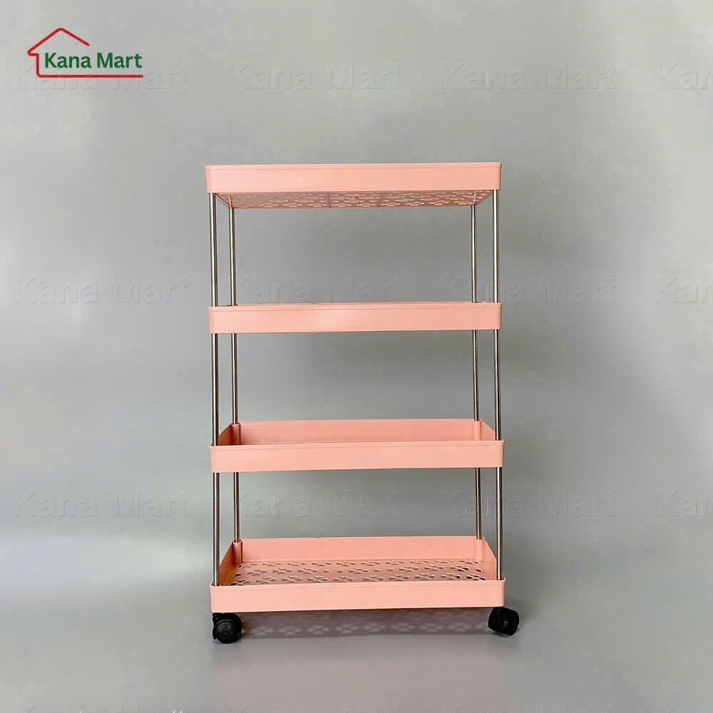 Kệ nhựa để đồ 4 tầng đa năng có bánh xe (Màu Hồng)