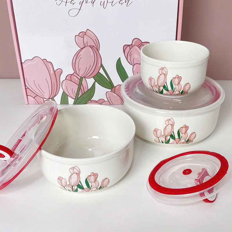 Bộ 3 thố sứ hoa TULIP có nắp hút chân không (T20)