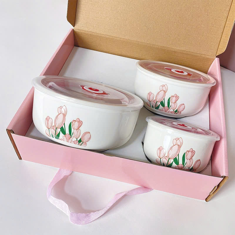 Bộ 3 thố sứ hoa TULIP có nắp hút chân không (T20)