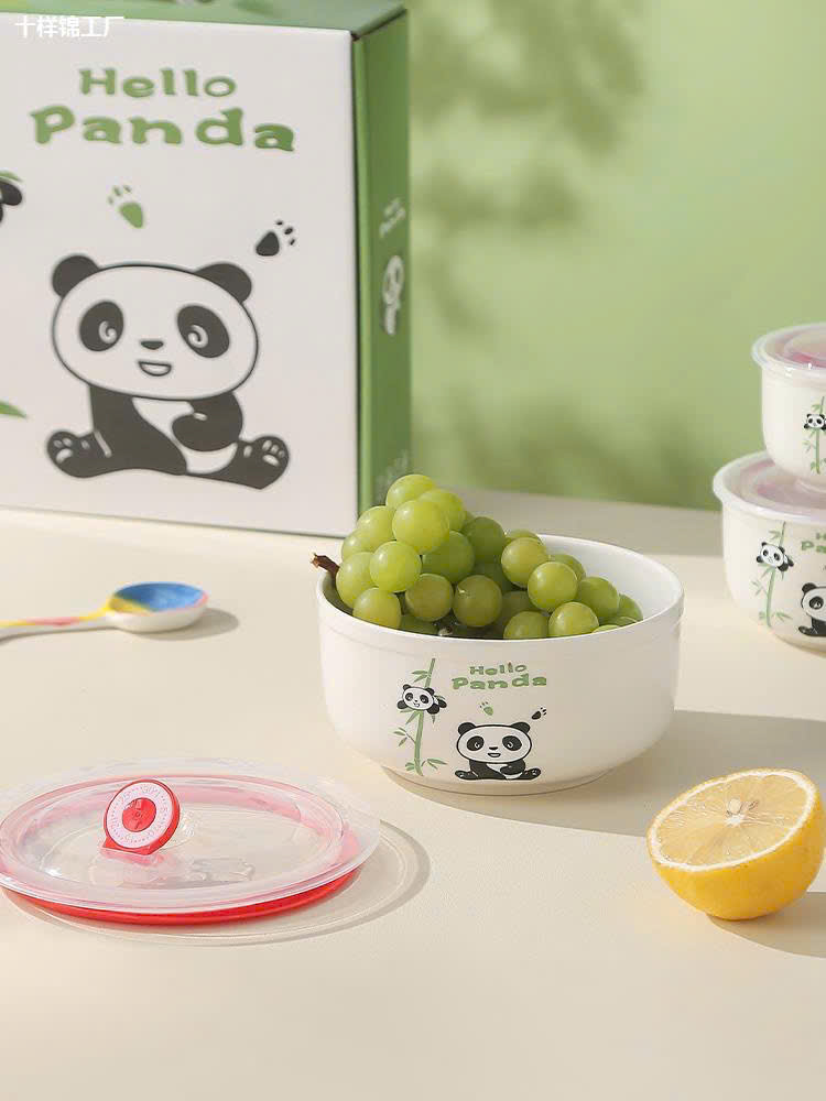 Bộ 3 thố sứ GẤU TRÚC có nắp hút chân không