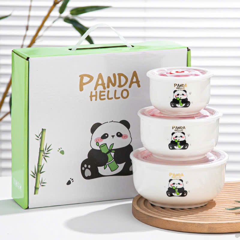 Bộ 3 thố sứ GẤU TRÚC có nắp hút chân không