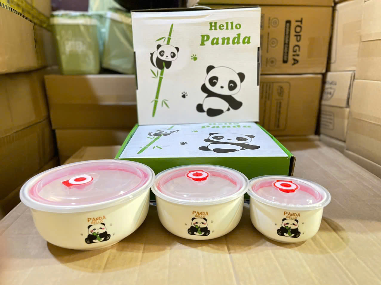 Bộ 3 thố sứ GẤU TRÚC có nắp hút chân không