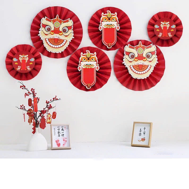 Set 6 quạt giấy hình Lân deccor nhà cửa ngày tết