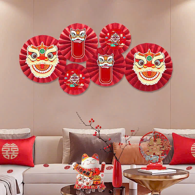 Set 6 quạt giấy hình Lân deccor nhà cửa ngày tết