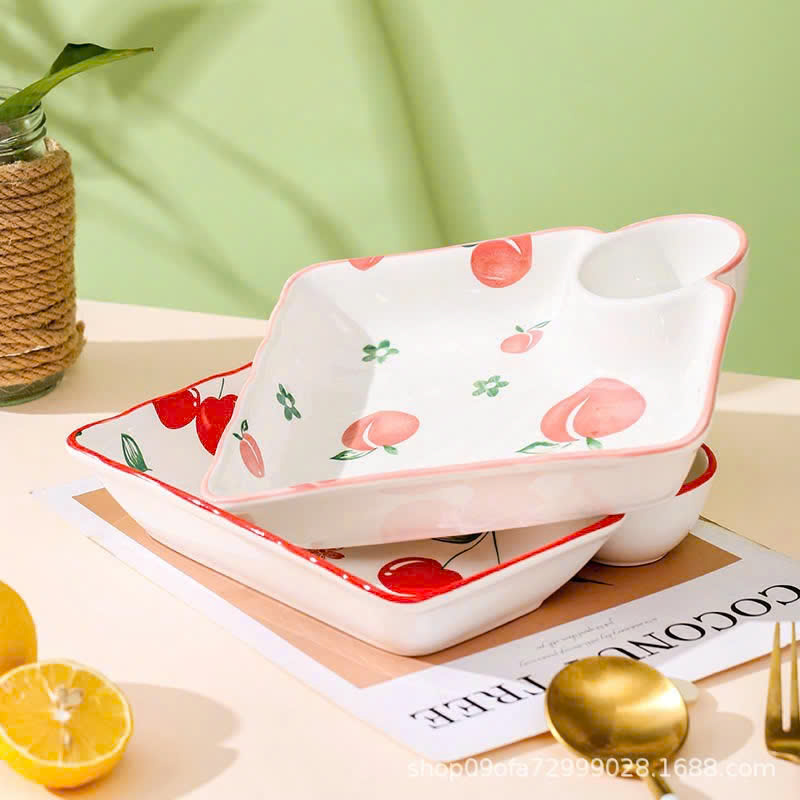 Đĩa sứ vuông hoạ tiết đáng yêu có ngăn chấm