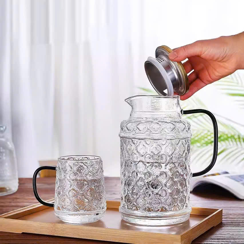 bộ bình cốc thuỷ tinh hoạ tiết quả trám cao cấp