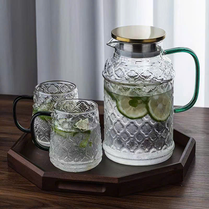 bộ bình cốc thuỷ tinh hoạ tiết quả trám cao cấp