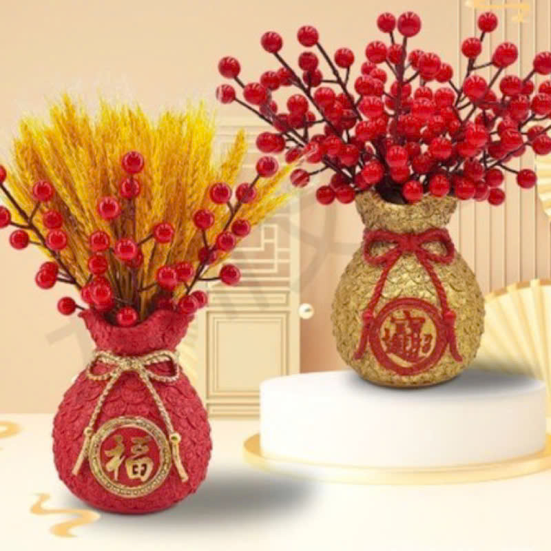 Set bình hoa túi tiền kèm cành đào đông đỏ và lúa mạch
