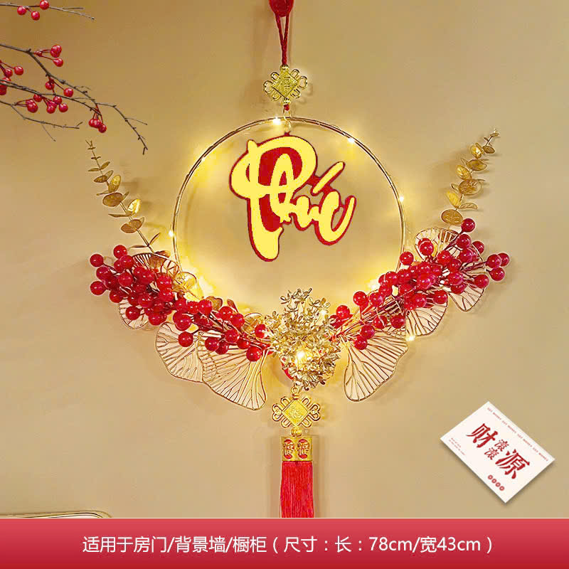 Liễn đỏ treo chữ Tết Phúc Lộc Thọ có đèn may mắn