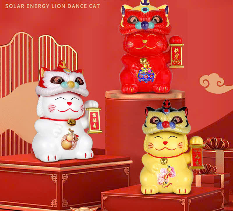 Tượng mèo thần tài đội đầu lân may mắn
