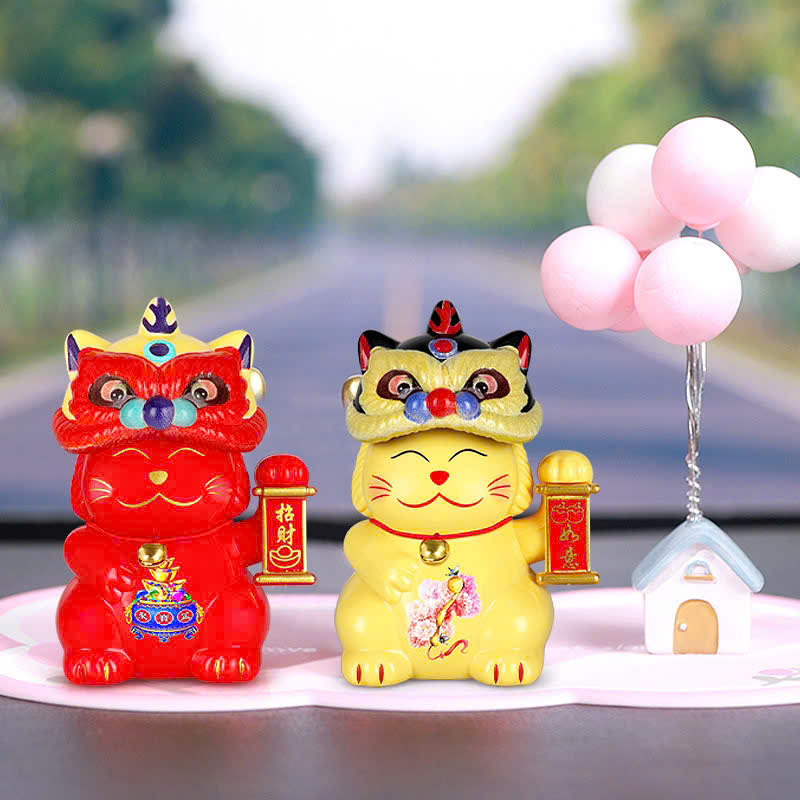 Tượng mèo thần tài đội đầu lân may mắn