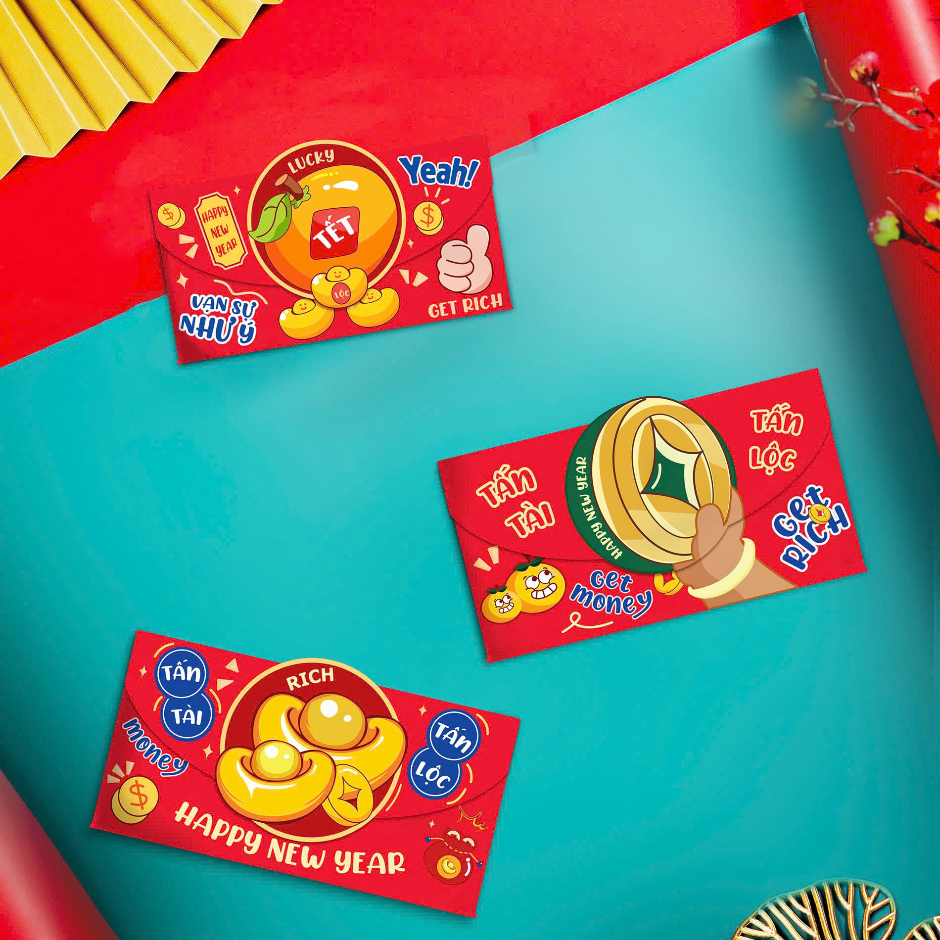 Set 3 bao lì xì ngang phong cách Trung Hoa 2025