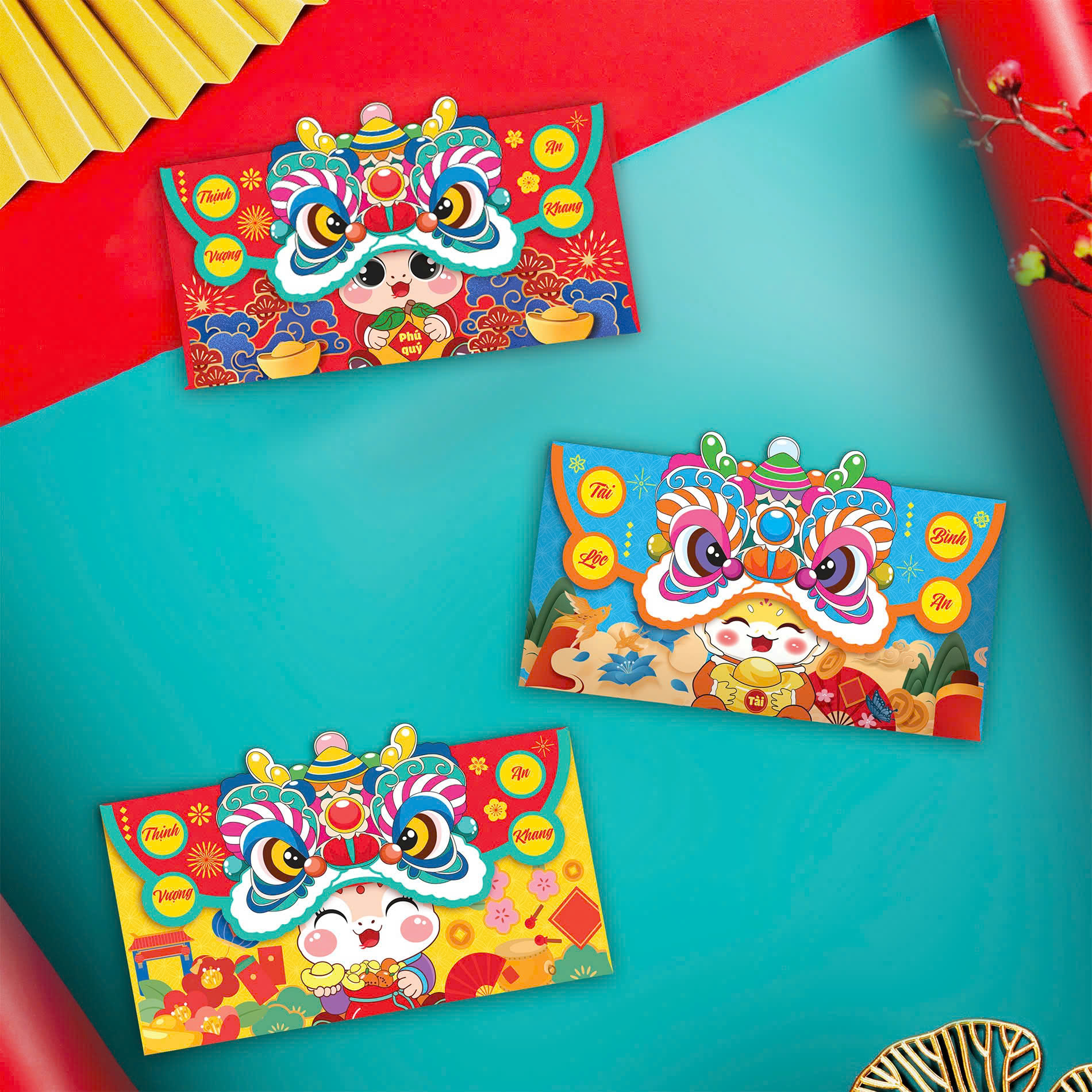 Set 3 bao lì xì ngang phong cách Trung Hoa 2025