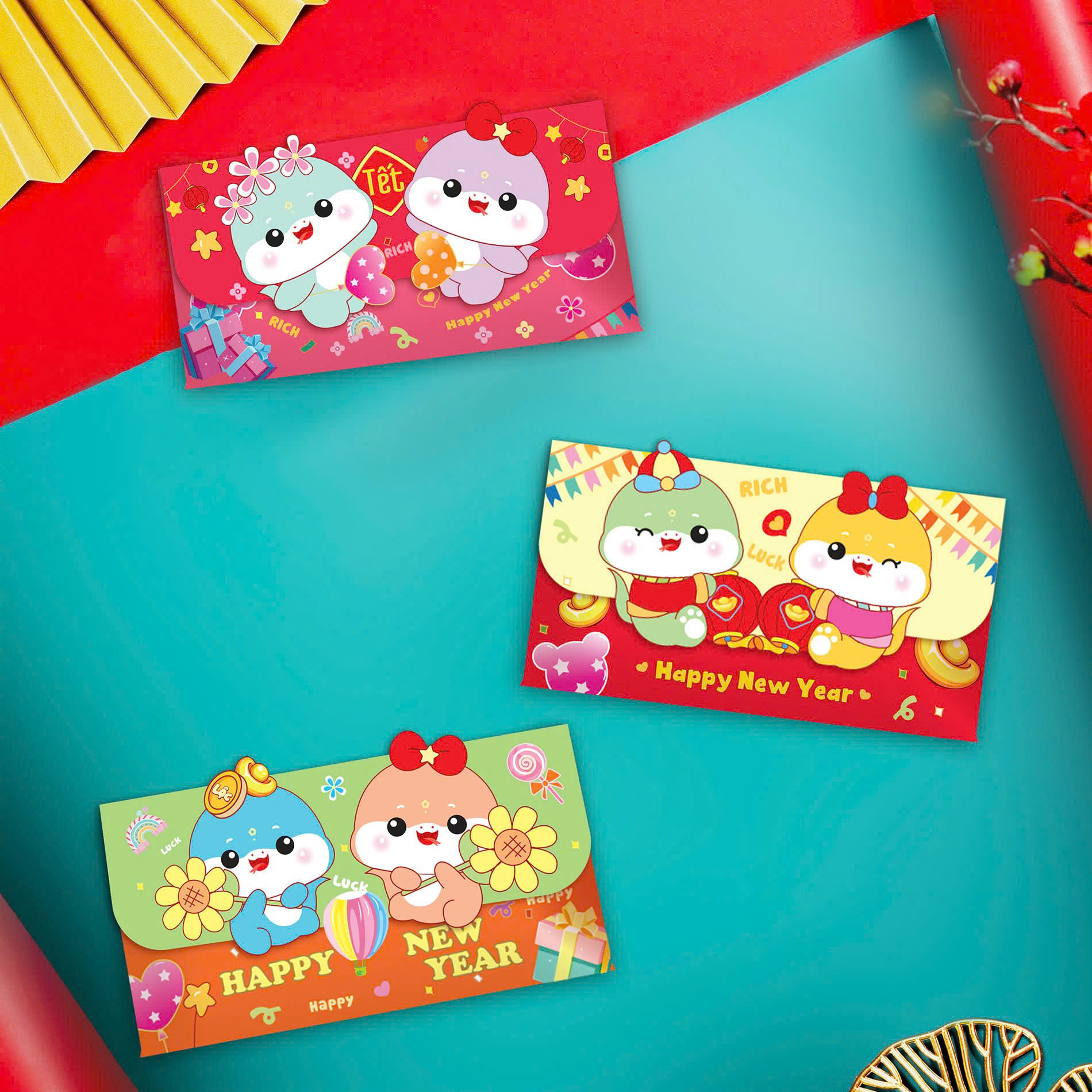 Set 3 bao lì xì ngang phong cách Trung Hoa 2025