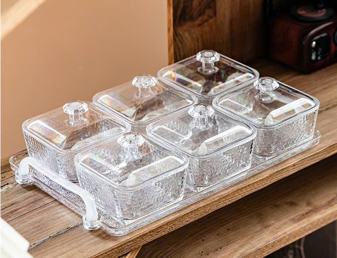 Bộ 6 khay mứt vuông Màu Trắng kèm khay đựng sang trọng