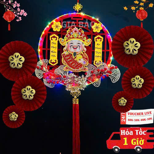 Dải treo Thần tài lắc đầu có đèn LED mẫu tròn trang trí Tết