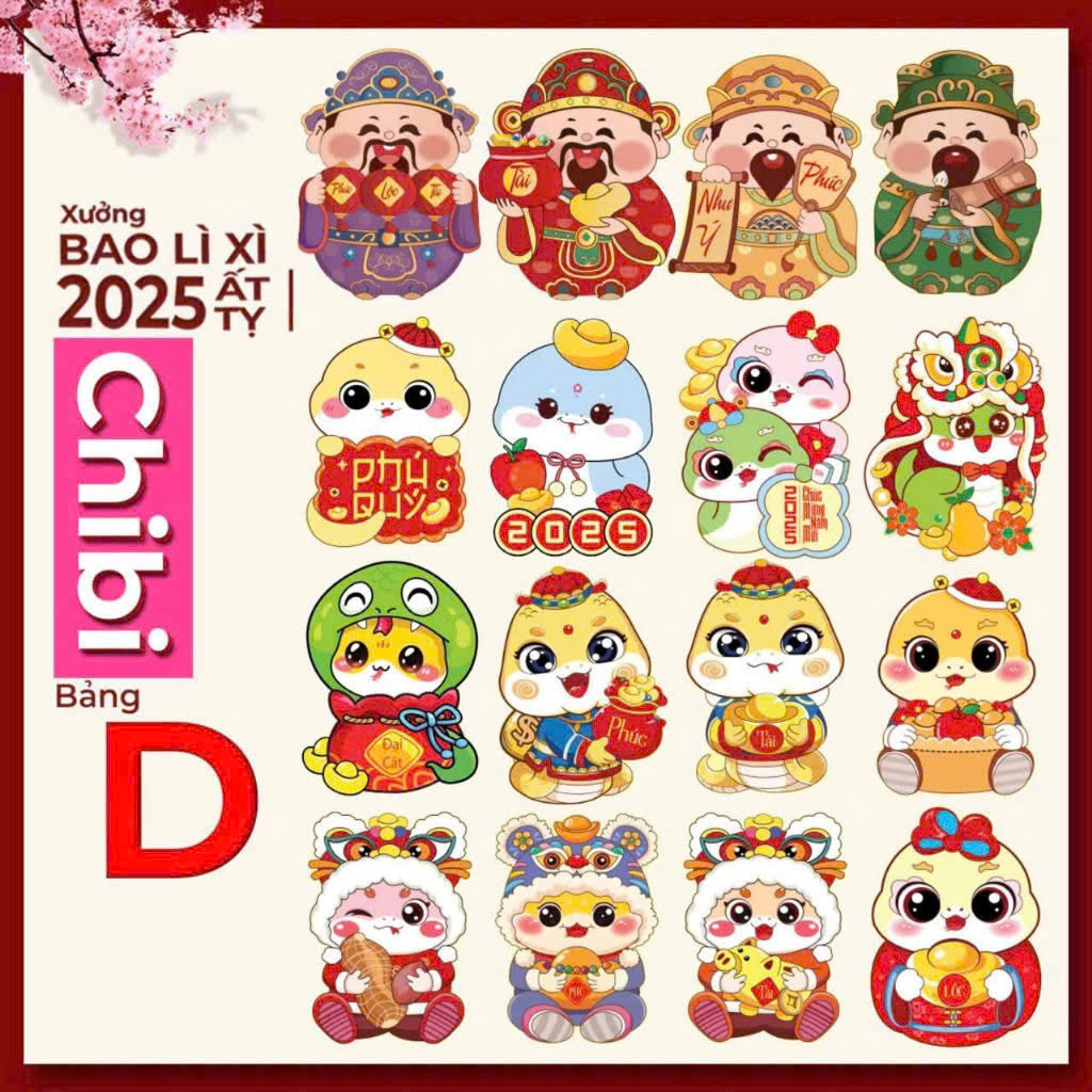 Set 100 bao lì xì chibi hoạt hình mẫu mới 2025