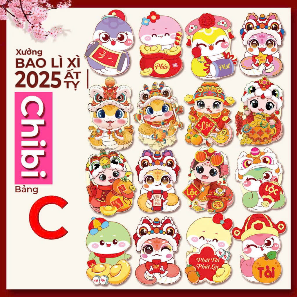 Set 100 bao lì xì chibi hoạt hình mẫu mới 2025