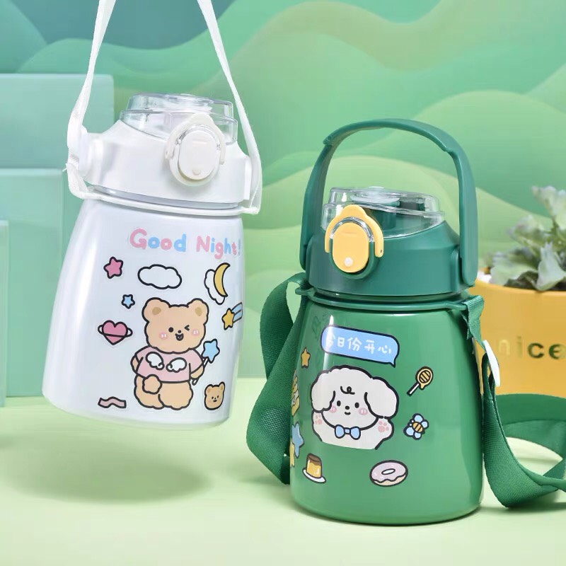 Bình nước giữ nhiệt lõi inox kèm sticker và dây đeo 900ml