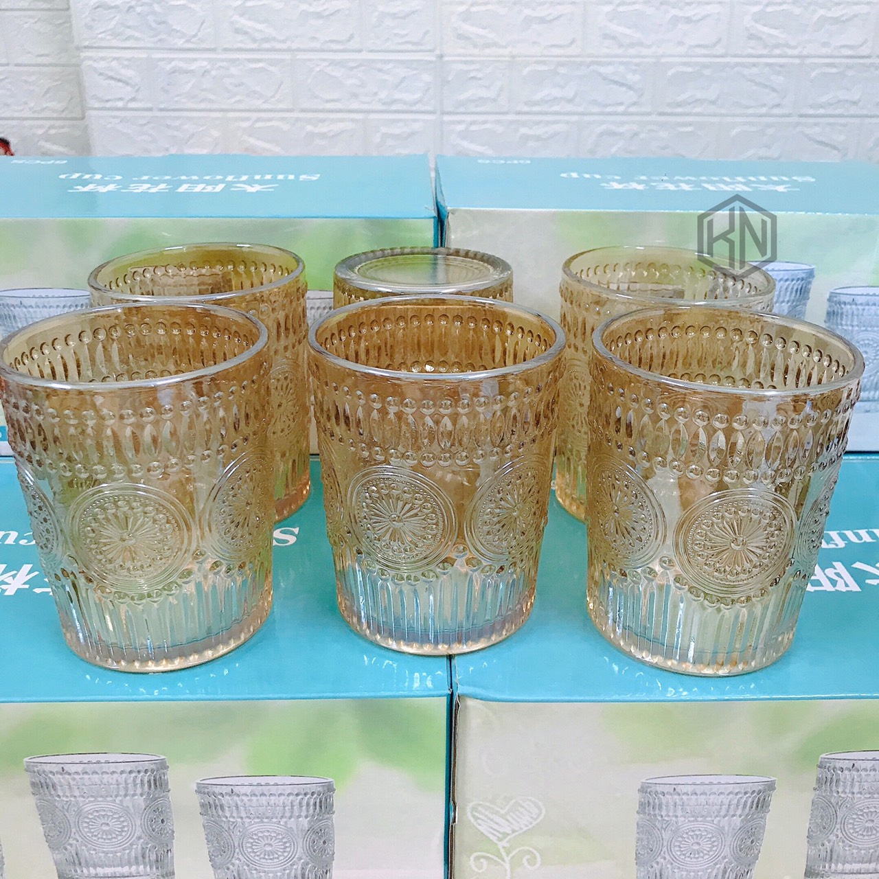 Bộ 6 cốc thuỷ tinh vân hoạ tiết mặt trời sang trọng