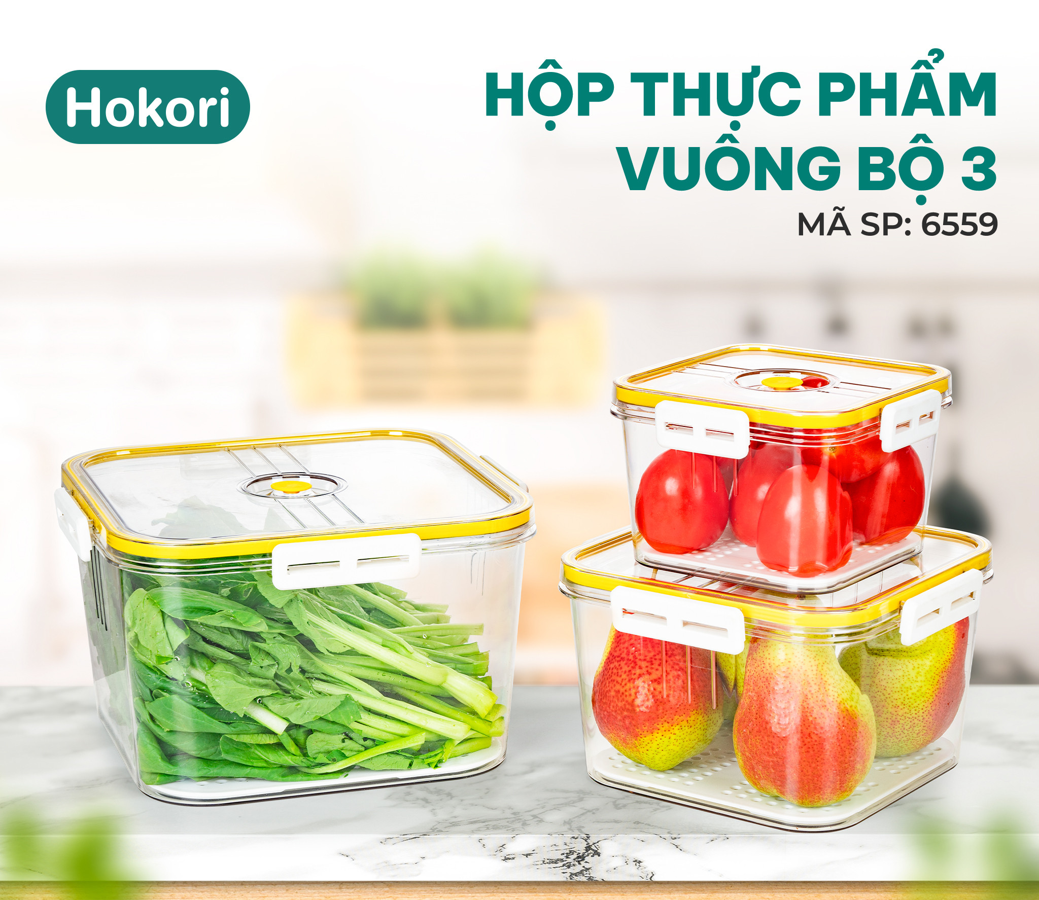 Hộp thực phẩm VUÔNG bộ 3 Hokori