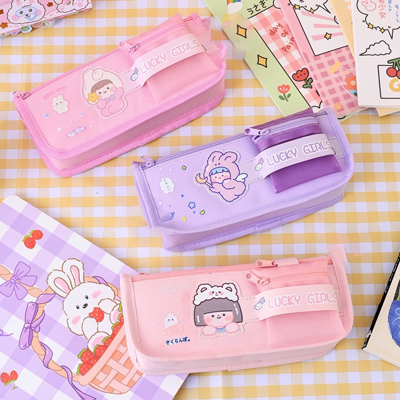 Hộp đựng bút vải nhiều ngăn LUCKY GIRL dễ thương