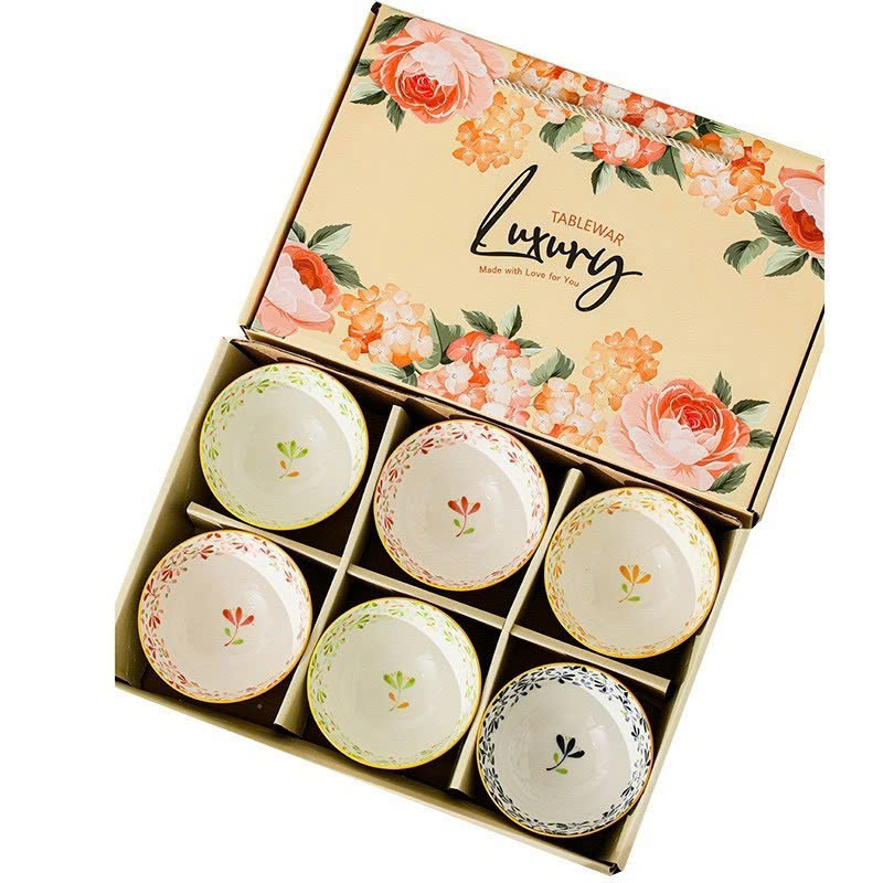 Bộ 6 bát sứ hoa văn TỨ QUÝ kèm đũa sang trọng