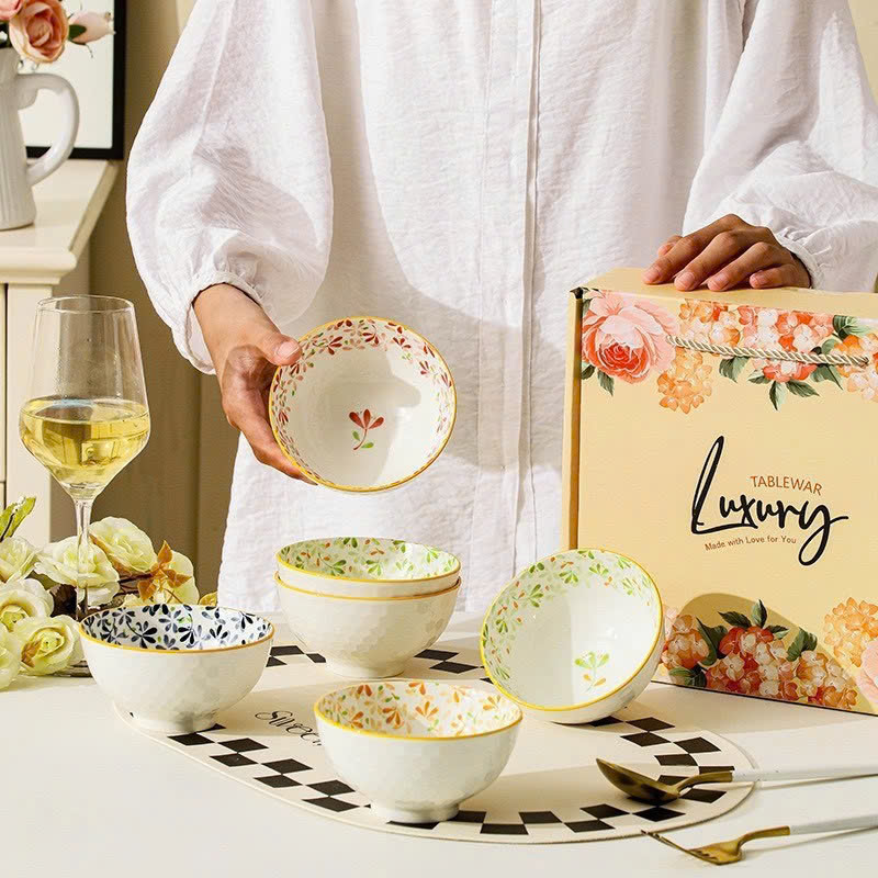 Bộ 6 bát sứ hoa văn TỨ QUÝ kèm đũa sang trọng