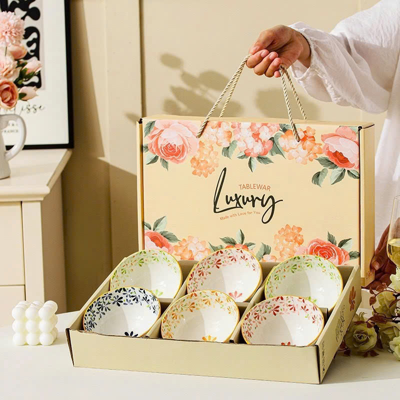 Bộ 6 bát sứ hoa văn TỨ QUÝ kèm đũa sang trọng