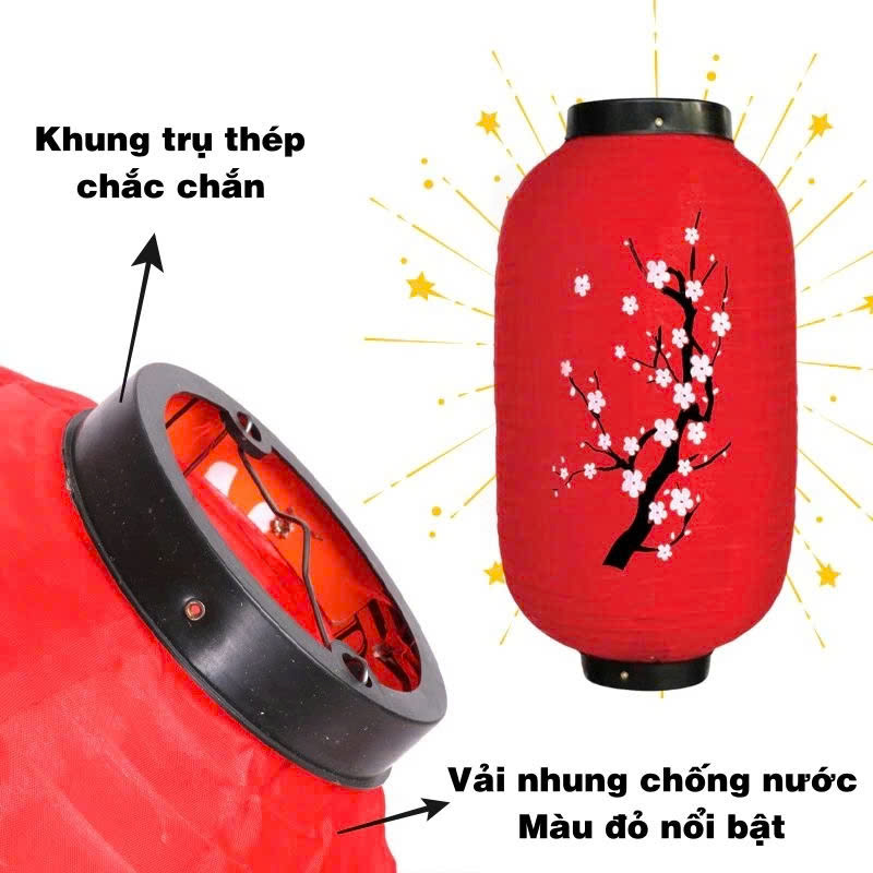 Lồng đèn đỏ loại dài Nhật Bản hoa đào size 8 trang trí Tết