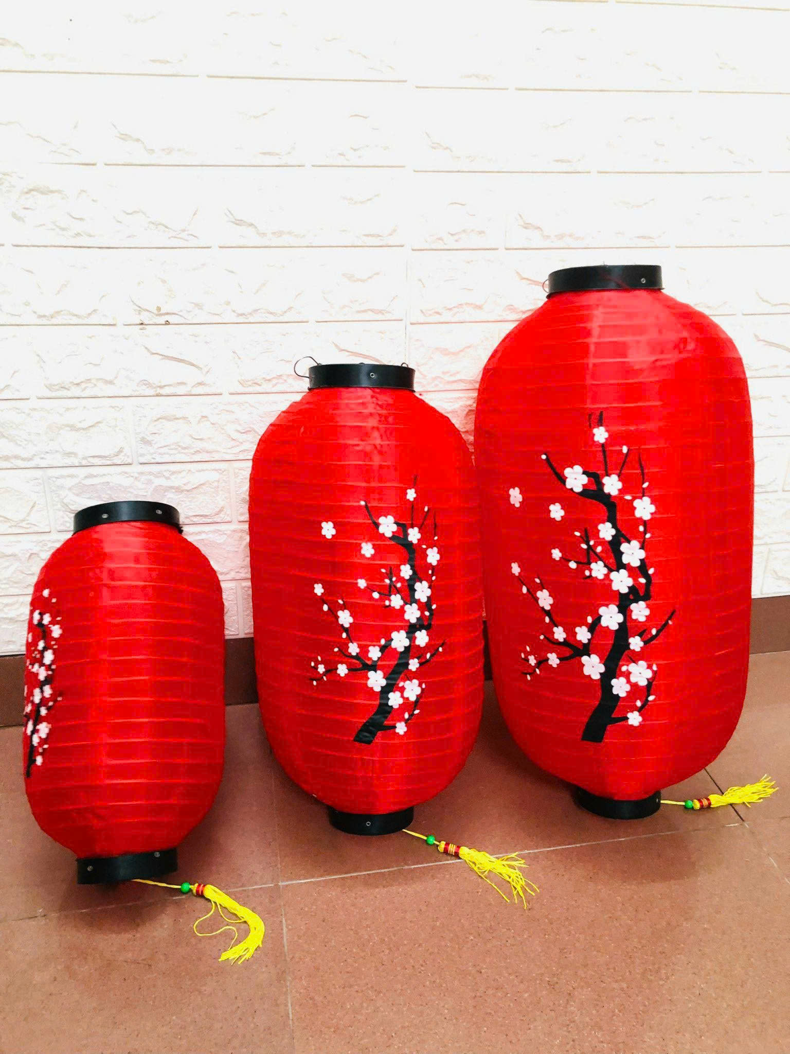Lồng đèn đỏ loại dài Nhật Bản hoa đào size 8 trang trí Tết