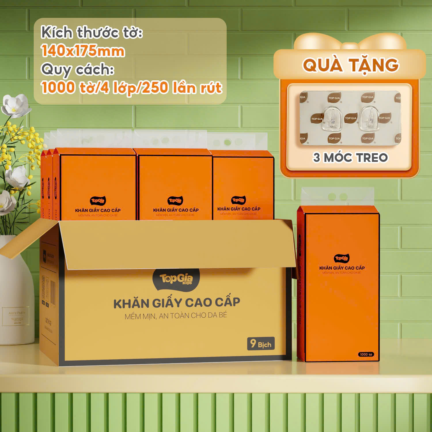 Thùng 9 bịch giấy rút đáy màu cam Topgia