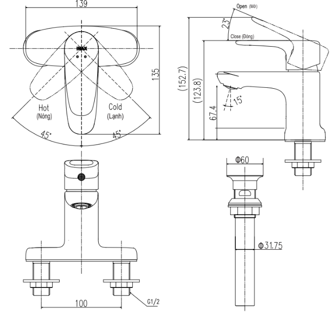 Vòi lavabo chậu rửa mặt Inax LFV-1111S nóng lạnh gật gù (LFV1111S)