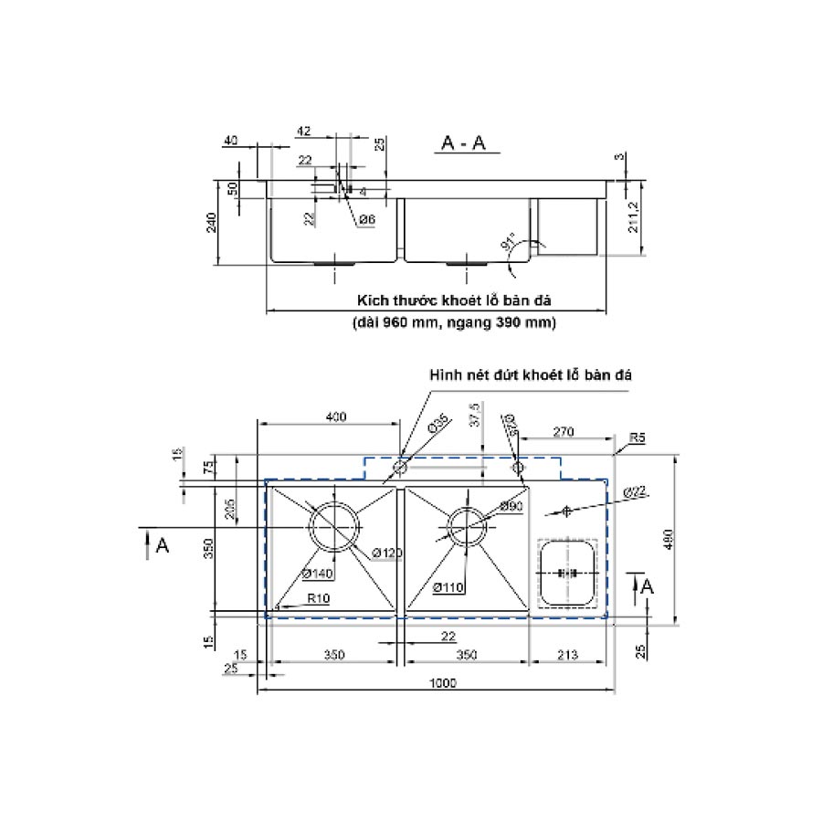Chậu rửa chén Luxta LC10048-3.0 Inox 304 dài 1m