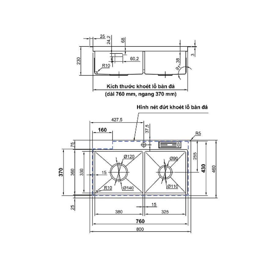 Chậu rửa chén Luxta LC8046-3.0 Inox 304 dài 80cm
