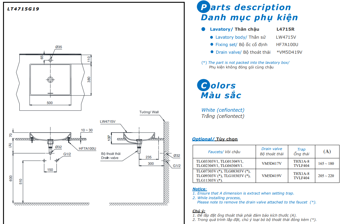 Bản vẽ kỹ thuật Lavabo chậu rửa mặt TOTO LT4715MTG19 đặt bàn