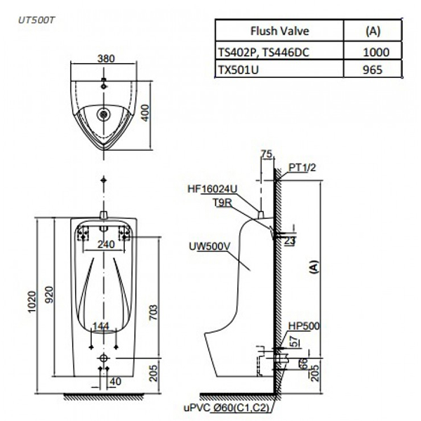 Bản vẽ kỹ thuật Bồn tiểu nam Toto UT500T#XW treo tường sứ chống bám bẩn