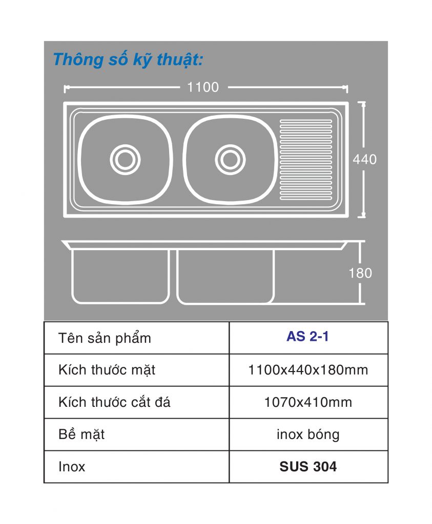 Chậu rửa chén Toàn Mỹ AS 2-1 Inox 304