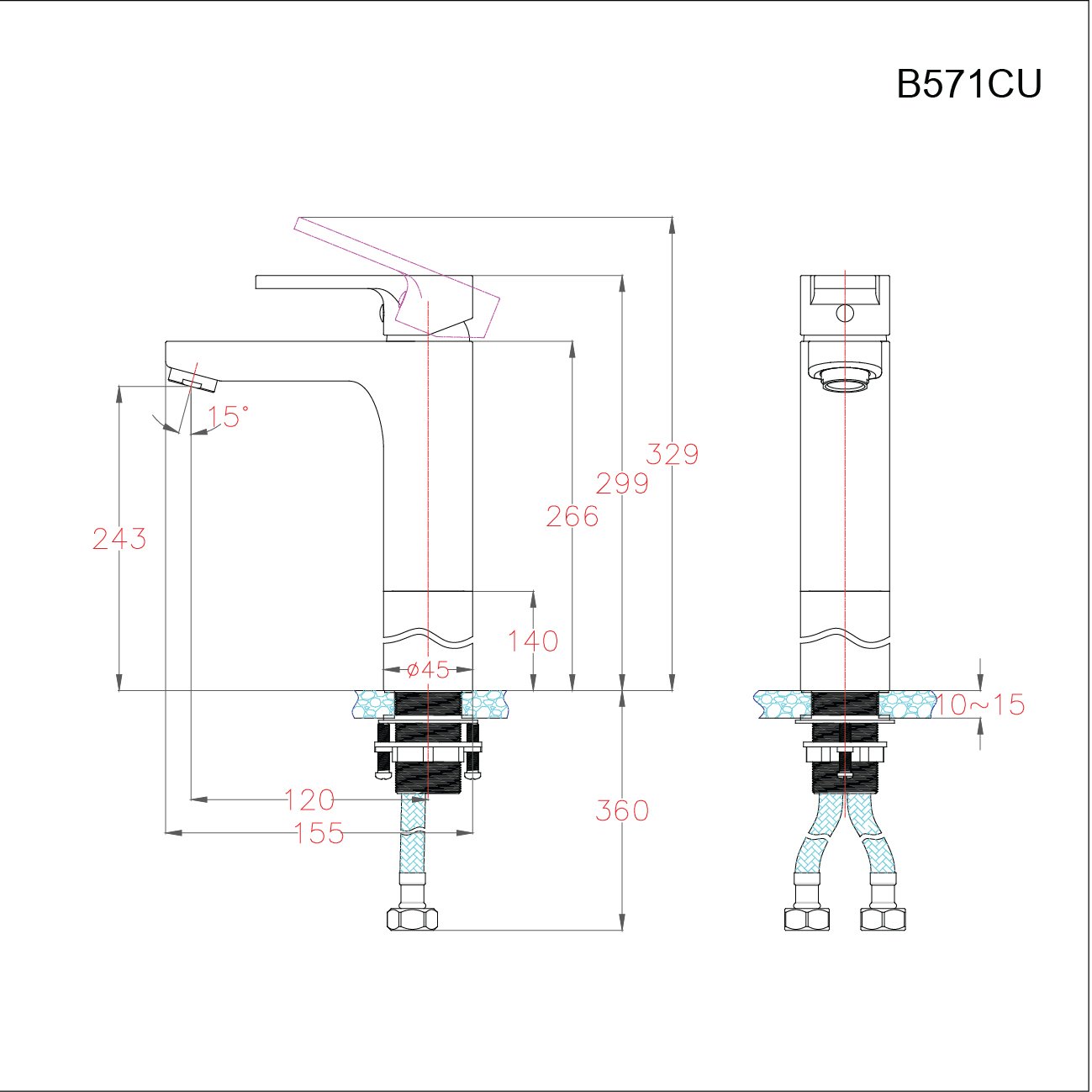 Vòi lavabo chậu rửa mặt Caesar B571CU nóng lạnh cổ cao kèm nút xả nhấn