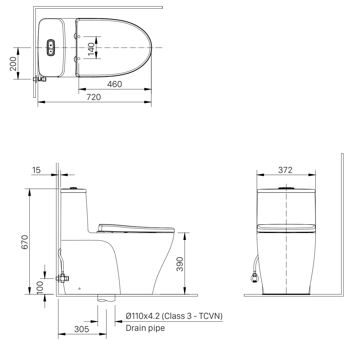 Bản vẽ kỹ thuật Bồn cầu 1 khối INAX AC-989VN Aqua Ceramic