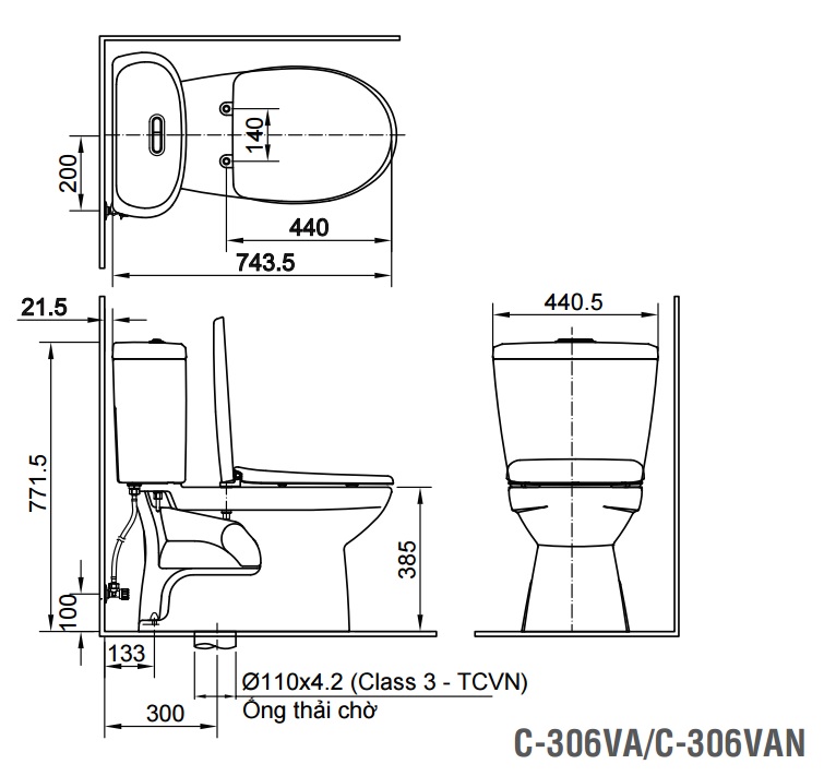 Bồn cầu 2 khối Inax C-306VA xả nhấn nắp thường (C306VA)