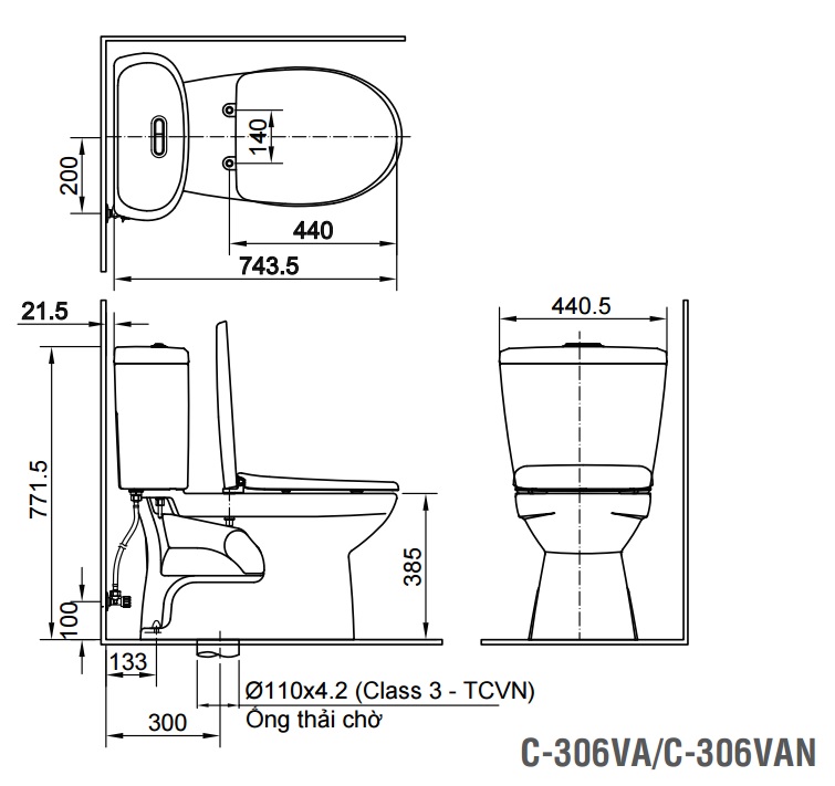 Bản vẽ kỹ thuật Bồn cầu 2 khối Inax C-306VA xả nhấn nắp thường (C306VA)