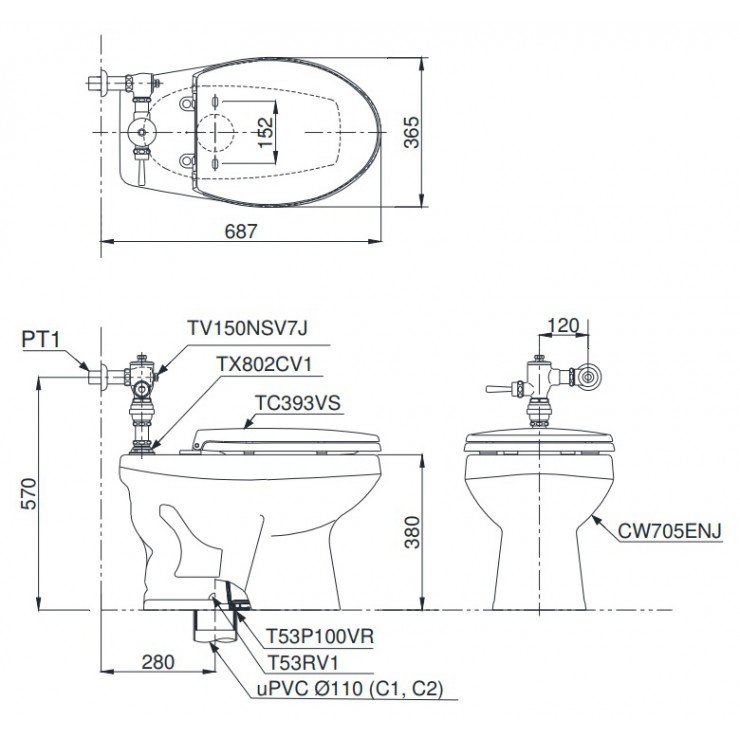 Bản vẽ kỹ thuật Bồn cầu xả gạt tay TOTO CW705ENJ/TV150NSV7J