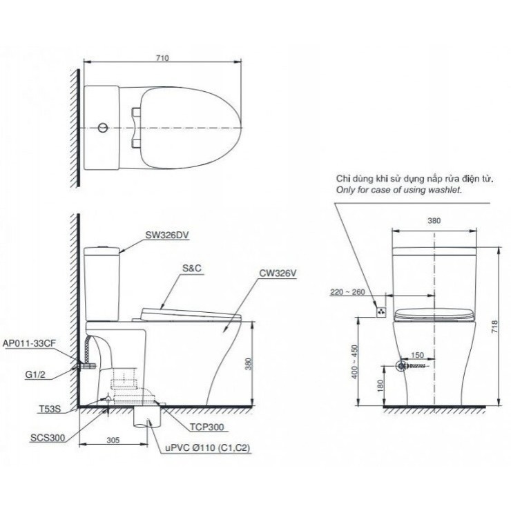 Bản vẽ kỹ thuật Bồn cầu 2 khối Toto CS326DE2#XW nắp rửa TCW07S