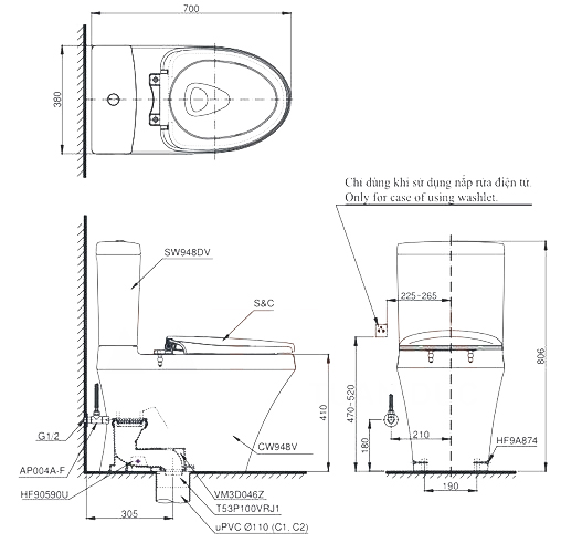 Bản vẽ kỹ thuật Bồn cầu 2 khối TOTO CS948DT8#XW sứ chống bám bẩn sứ chống bám bẩn