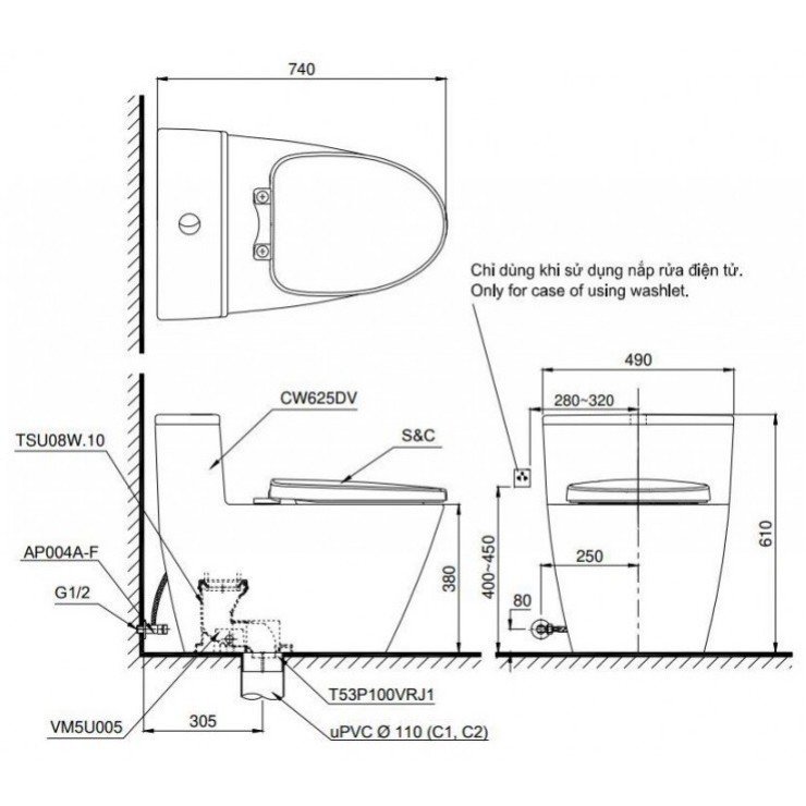 Bản vẽ kỹ thuật Bồn cầu 1 khối TOTO MS625DE4 nắp rửa TCW1211A