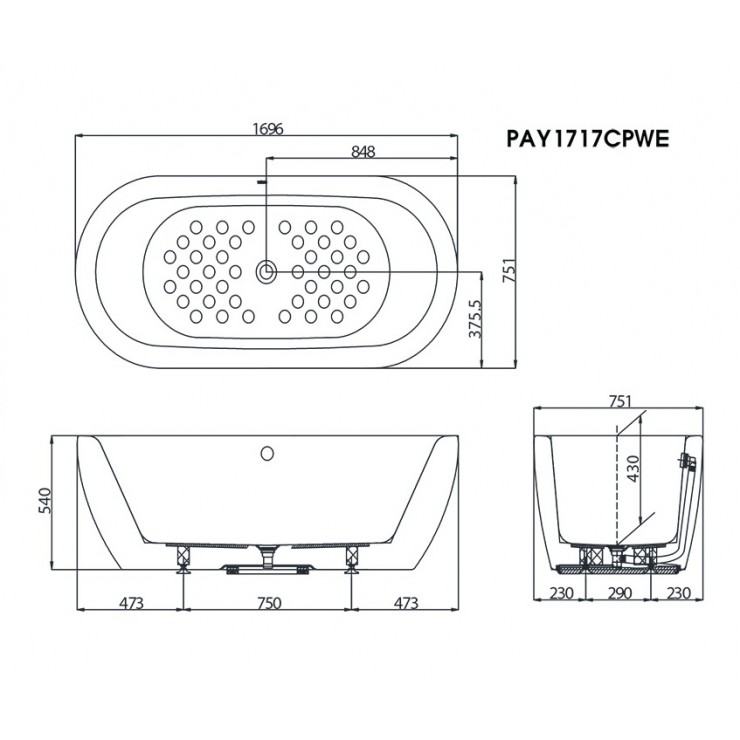 Bản vẽ Bồn tắm lập thể Toto PAY1717CPTE#W dài 1m7